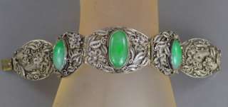 Antique Chinese Green Jade Jadeite Silver Filigree Bracelet Marked 