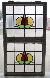 Large Pair of Antique Stained Glass Windows Four color Ruby Red Tulips 