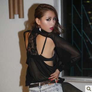 Cut Out Back Lace Design See Through Chiffon Top Blouse  