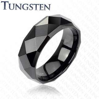 Black Tungsten Carbide faceted drop down edges mens wedding band 