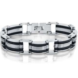 Stainless Steel with Black Rubber Mens Chain Link Bracelet 8 inches 