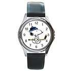 Snoopy Carrying a Hockey Stick Silver Tone Leather Band Round Quartz 