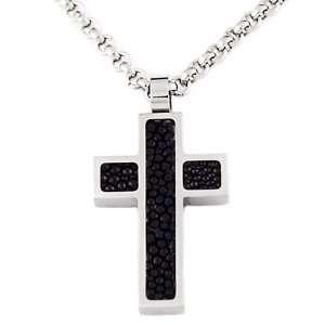 Stainless Steel Cross with Stingray Inlay on 22 Inch Steel Rollo Chain