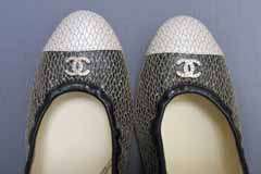 925 Chanel Gold Lattice 2Tone Leather Faux Pearl CC Logo Cap Toe 