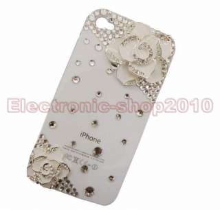   Swarovski bling crystal camellia flower case cover for iPhone 4 White
