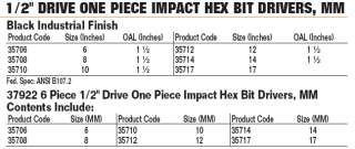   Williams Tools 1/2 Dr. Impact Hex Bit Drivers Set, MM 6 Pieces 37922