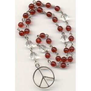   Rosary   Ruby Czech Glass   Sterling Peace Symbol 