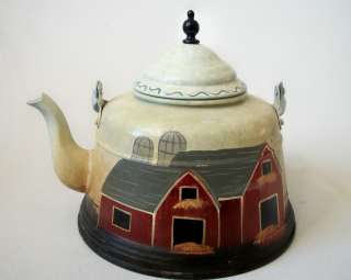   Tea Kettle w/Red Barn & Country Home Painting Made in Taiwan  