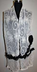   le fashion embroidered Lacy ruffles Rose des Scarf White/black  