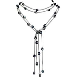 Gray Double Strand Suede Lariat Necklace with Floating Dyed Black 9 