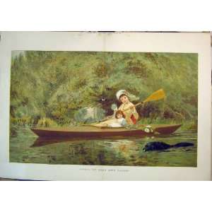   1879 Colour Print Mother Child River Boat Dog Paddling: Home & Kitchen