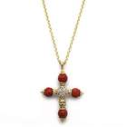   14k Yellow Gold Red Coral and Diamond X Cross Pendant with Chain