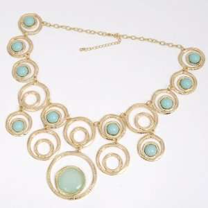 Fashion Golden Circles Adjustable Chain Light Blue Beads Necklace