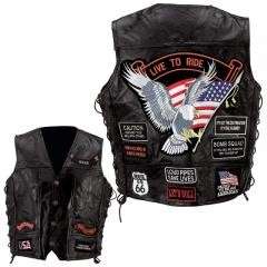 Mens Leather Biker Motorcycle Harley Rider Chopper Vest 14 Patches 