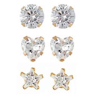   Star and Heart Shaped Cubic Zirconia Stud Earrings, Set of 3: Jewelry