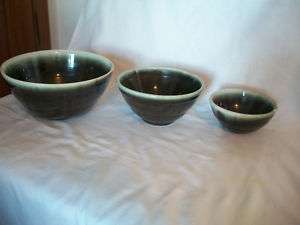 Lot/3 Green on Green Top Pottery Graduted Mixing Bowls  