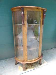 Antique Oak Bowed Front & Side Glass Curio Cabinet  