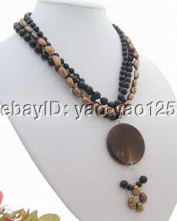 Beautiful ! 3Strds Brown Pearl&Onyx&Jasper Pendant Necklace