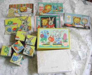 Charming Vintage Wood Block Puzzles Six Different Scenes Bears Bunnies 