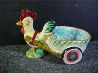   Italy Painted Ceramic Glazed Rooster Carriage Cart Planter Bowl  