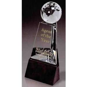 11 x 4   Crystal award with globe at top and cherry finish 