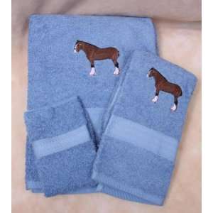  Embroidered Shire Draft Horse Medium Blue Bath Towel Set 