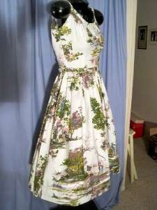 Vtg 50s Novelty Scenery/People Print Cotton Sundress, Full Skirt, Belt 