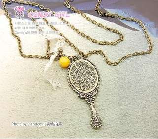 Vintage Court Lace Bow Oval Mirror Pendant Long Chain Necklace 