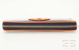 Tory Burch Navy & Orange Patent Leather Continental Zip Around Wallet 
