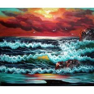  Flying Seagulls Over Sea Waves On Sunset Oil Painting 20 x 