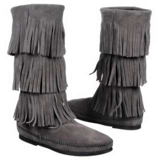 Womens Minnetonka Moccasin Calf Hi 3 Layer Fringe Grey Suede Shoes 