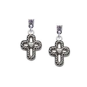  Cross with Rope Border and Heart Clear Swarovski Post 