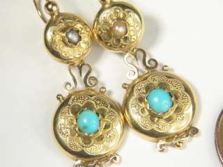ANTIQUE FRENCH 18K GOLD TURQUOISE PEARL DROP EARRINGS c1880 LOVELY 