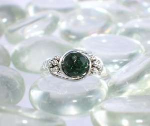 Faceted Green Goldstone Sterling Silver Bali Bead Ring  