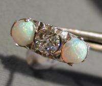 Antique Platinum Filigree Ring Diamond & Opal 1920s  
