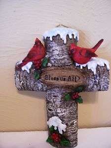 RESIN BLESS US ALL CROSS WITH HOLLY & CARDINALS SNOW DECORATION 
