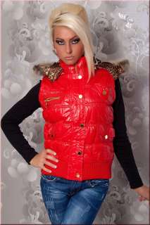 Rote Damen Weste mit abnehmbarer Fellimitat Kapuze in Glanz Design 