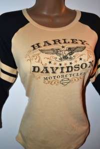NWT Harley Raglan 3/4 Sleeve Black/Tan Jersey Top Shirt L  
