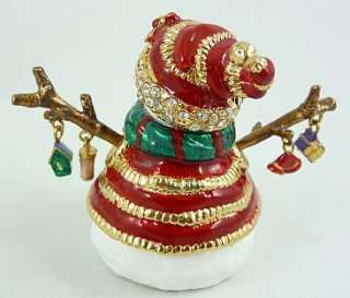 Pewter Swarovski Bejeweled BOX   Snowman w/ Red Hat  