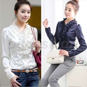 Korea Womens Long Sleeve Tops Flouncing Blouse OL Button Down Shirt 