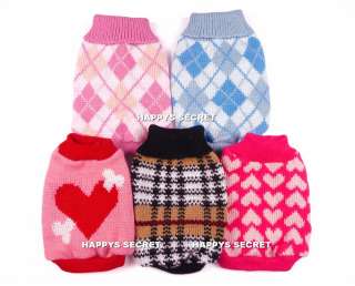Dog Cat Pet Clothes Knitted Jumper Sweater Argyle Heart  