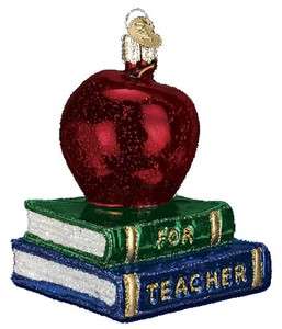 Teachers Red Apple Gift Books Blown Glass Christmas Ornament  