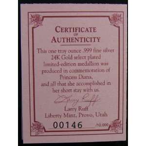  1 OZ 1961 1997 LADY DIANA Silver COIN .999 UNC w/COA 