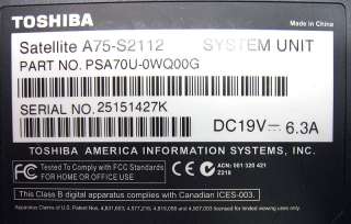 Toshiba Satellite A75 S2112 Intel Pentium 4 Laptop Notebook AS IS 