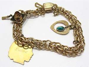 VINTAGE GOLD CHARM BRACELET 3 CHARMS 7 INCHES  