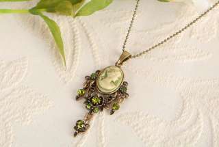 Green Crystal Vintage ST Antique Gold GP CAMEO pendant necklace n1464 