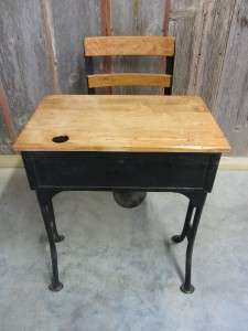 Vintage Iron & Wooden School Desk & Chair  Antique Table Stand Old 