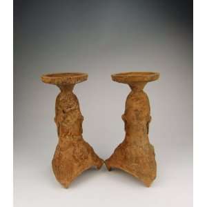  Pair of Brown Glaze Pottery Oil Lamps, Chinese Antique 