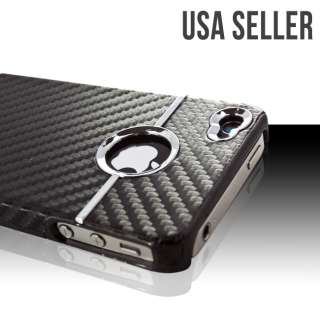   Black Cover W/Chrome For iPhone 4 4G Case Carbon Fiber Apple 4S Bumper