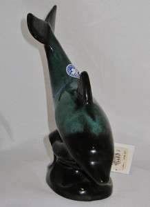 Blue Mountain Pottery Dolphin Figurine, Tail Up GREEN  